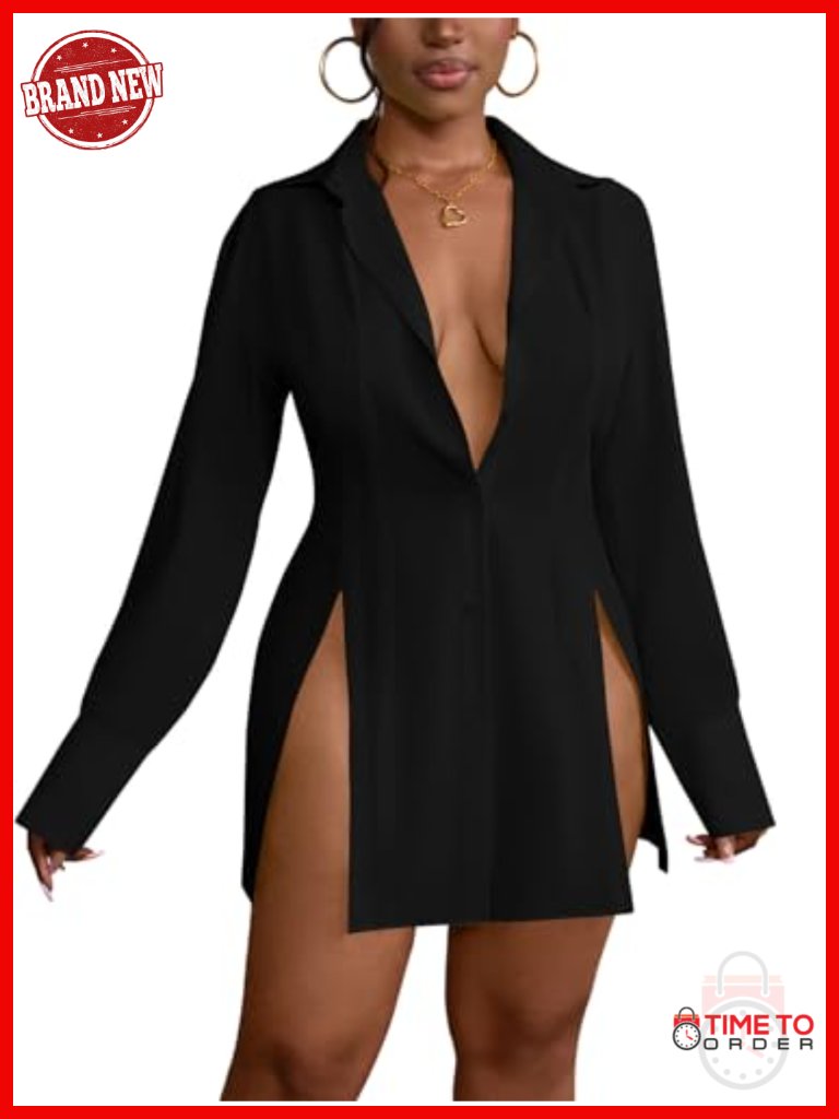 Button Down Shirt Dress Collared Long Sleeve Slit Hem Sexy Mini Dress